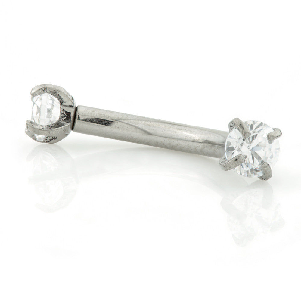 Internal curved barbell with double prong set gems