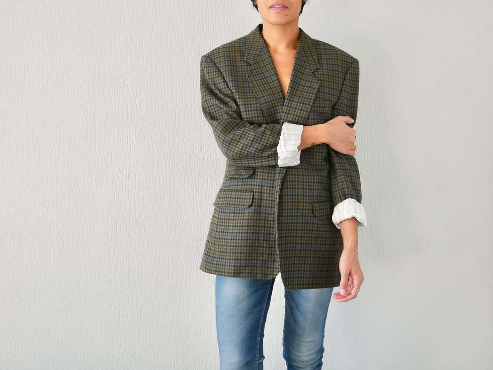 Miniature : Blazer pure laine vert olive à carreaux