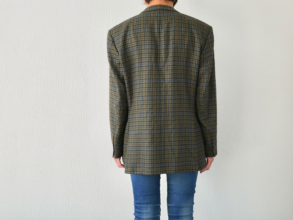 Miniature : Blazer pure laine vert olive à carreaux