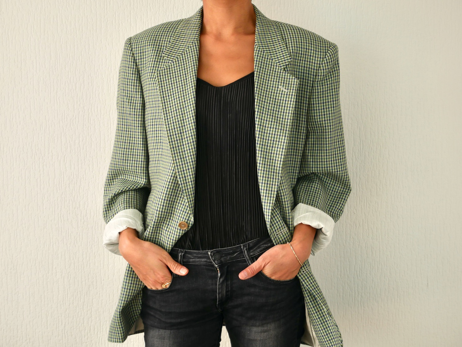 Veste à carreaux pure laine vert amande