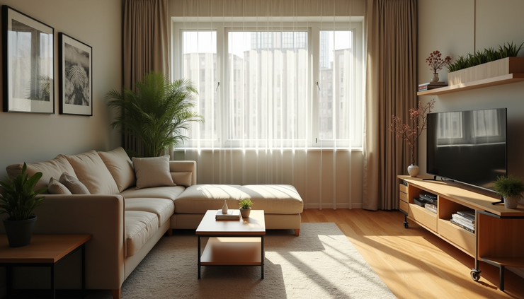 High angle view of a tidy, well-organized living room with natural light
