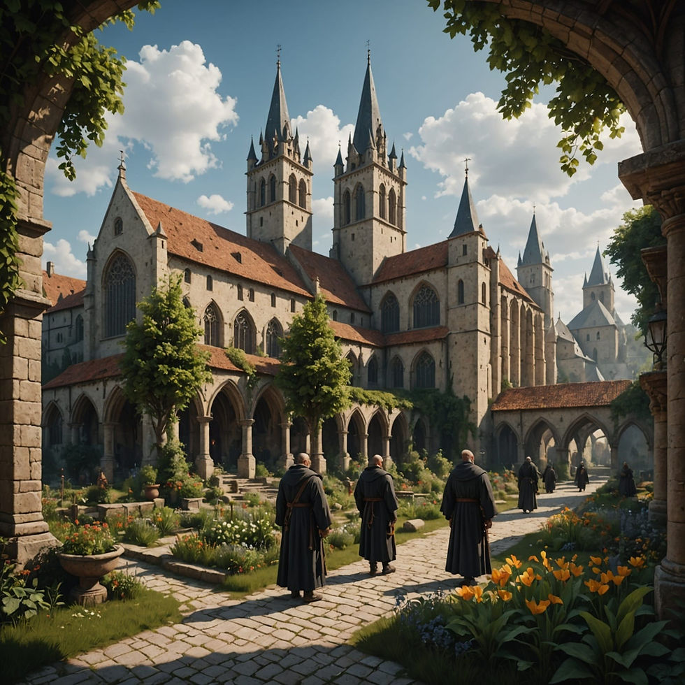 Monks walking in the grounds of a medieval monastery