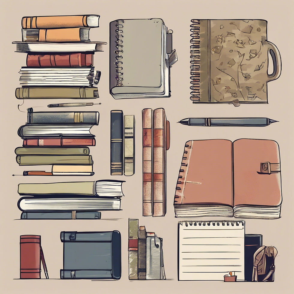 Close-up view of various beautifully designed journals stacked creatively