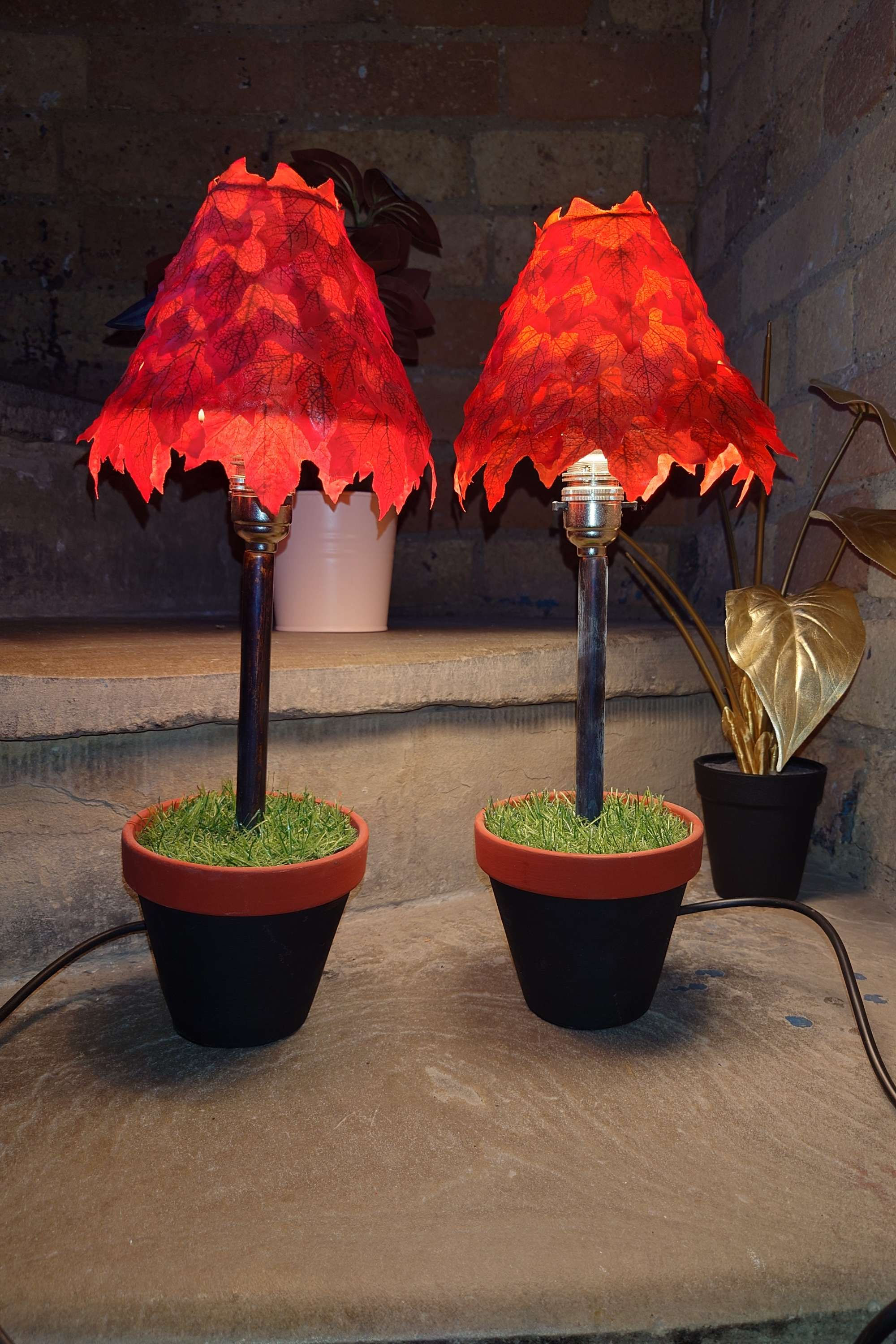 Pair of red autumn plant table lamps botanical home decor accessories vintage lighting shop Derby