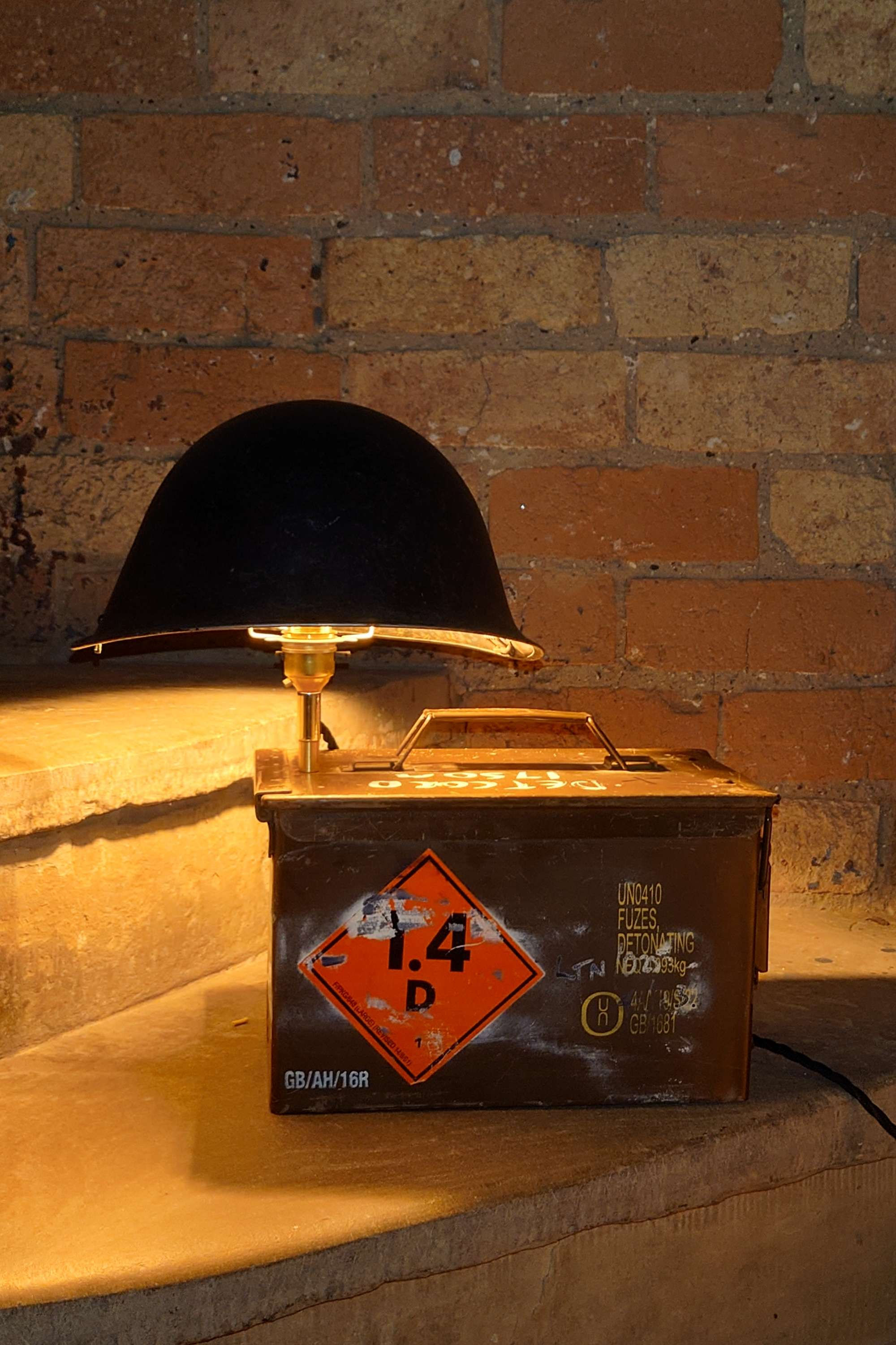 military style upcycled lamp with ammo box base tin helmet shade