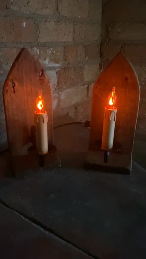 Thumbnail: Rustic gothic electric candle sconce lamps upcycled pallet wood