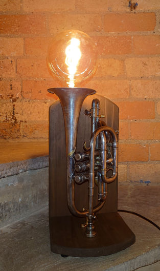 Cornet musical instrument converted lamp on handmade wooden base upcycled lighting shop Derby