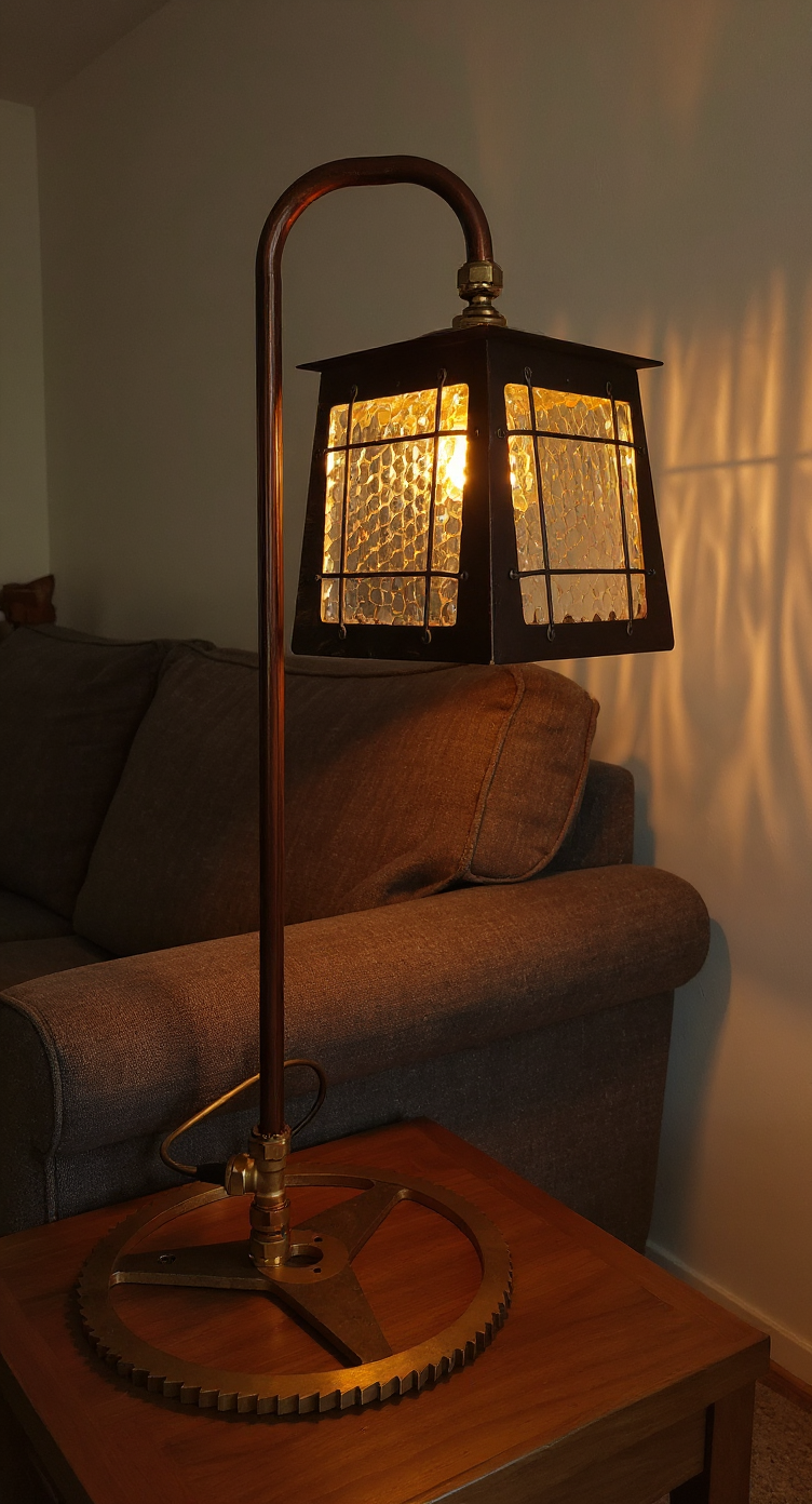Tall copper steampunk style vintage table lamp Derby lighting shop
