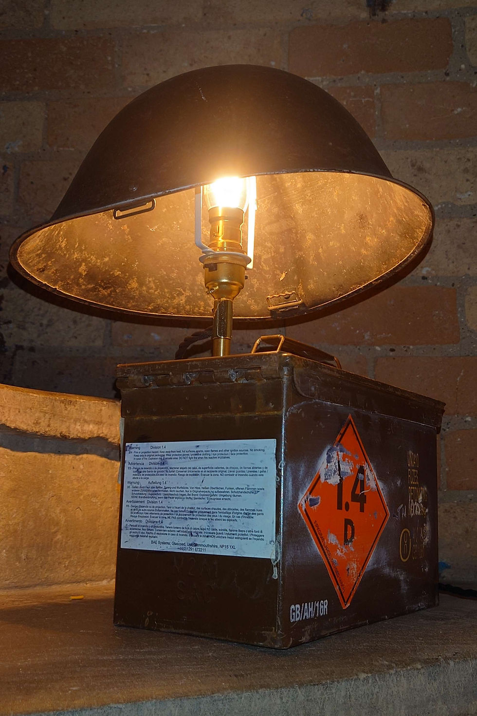 Thumbnail: military style upcycled lamp with ammo box base tin helmet shade