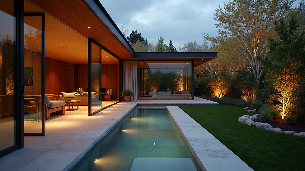 Panoramic view of a beautifully illuminated outdoor space