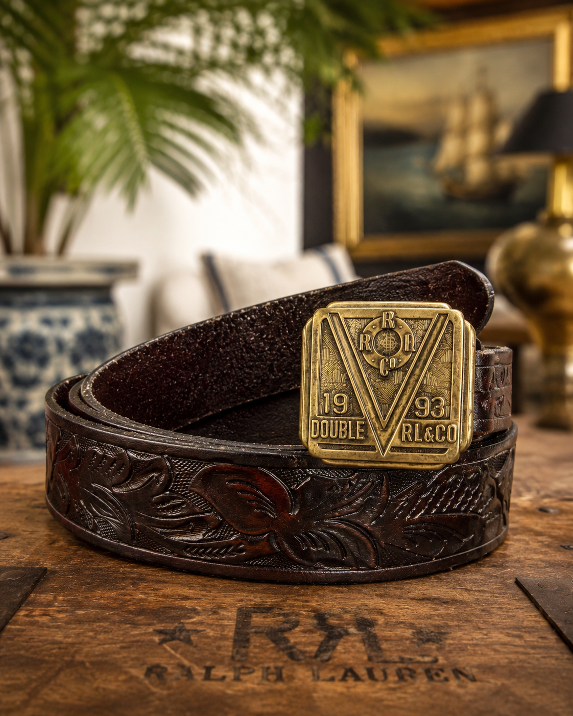RRL Brass Rider Globe Leather Belt
