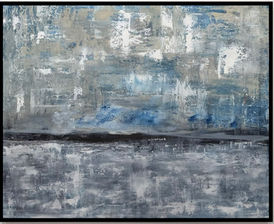 Rockall at Dawn, abstract seascape painting in dark blur-grey with textured horizon, acrylic on canvas 