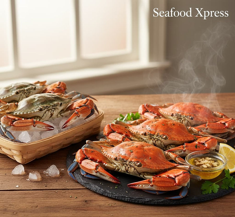 Seafood Xpress's fresh and cooked Blue Crabs, ready to serve.
