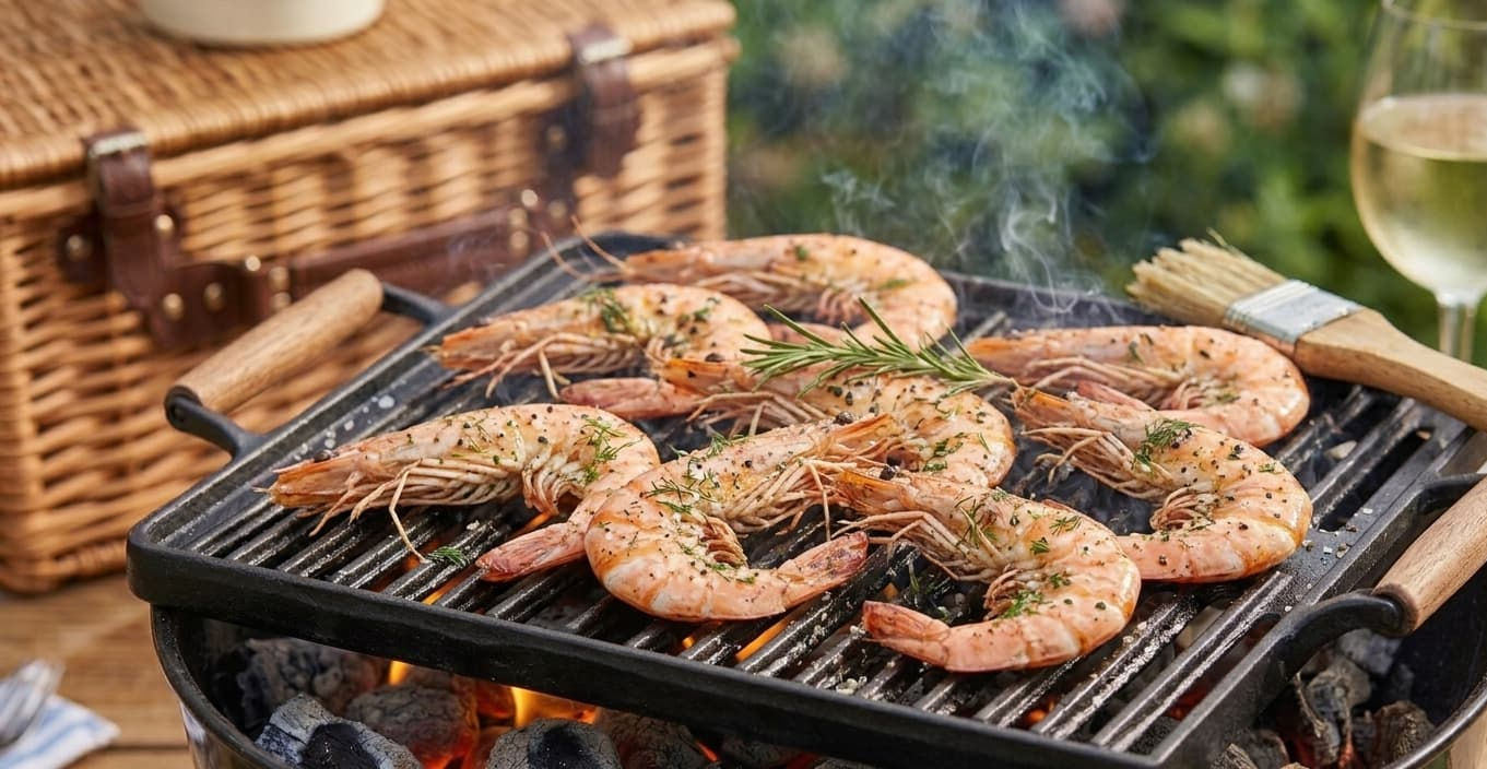 Fresh king prawns cooking on a smoking BBQ cast iron grill