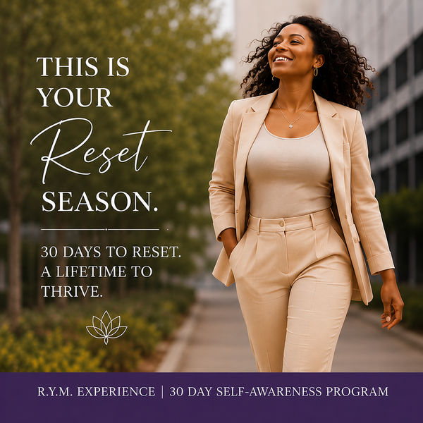 Woman in a neutral business suit featured on the R.Y.M. Reset Experience™ 30-Day Transformation program cover with the message “Find Your Reset Season.”