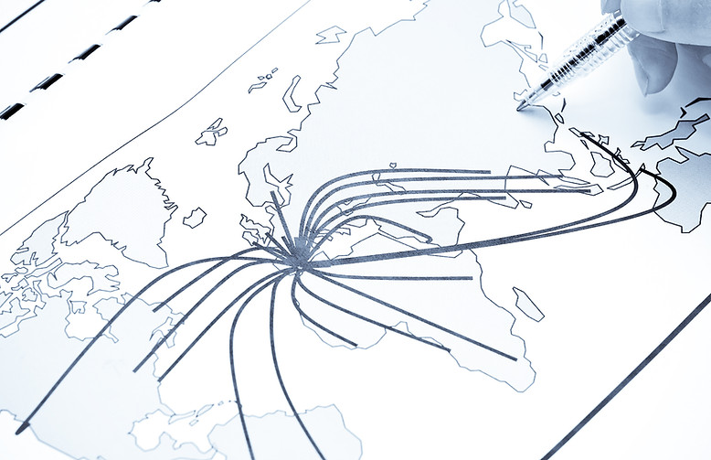 World map with lines between the world's