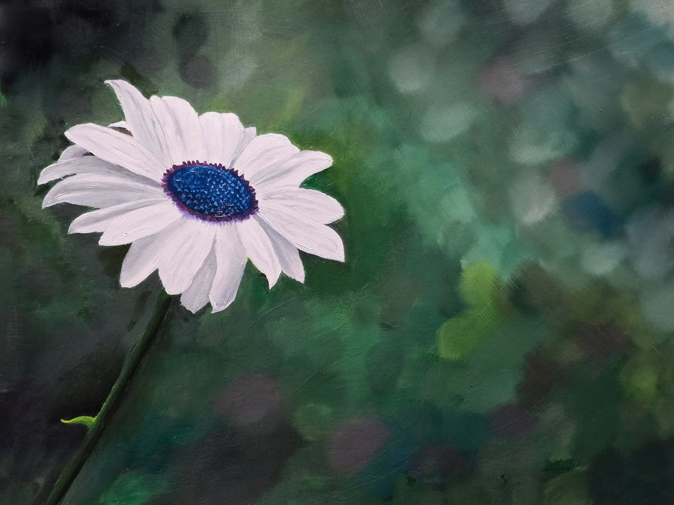 Original oil painting of a white African daisy with a vivid blue-violet center and slender green stem, set against a loosely painted background of deep greens and muted teal.