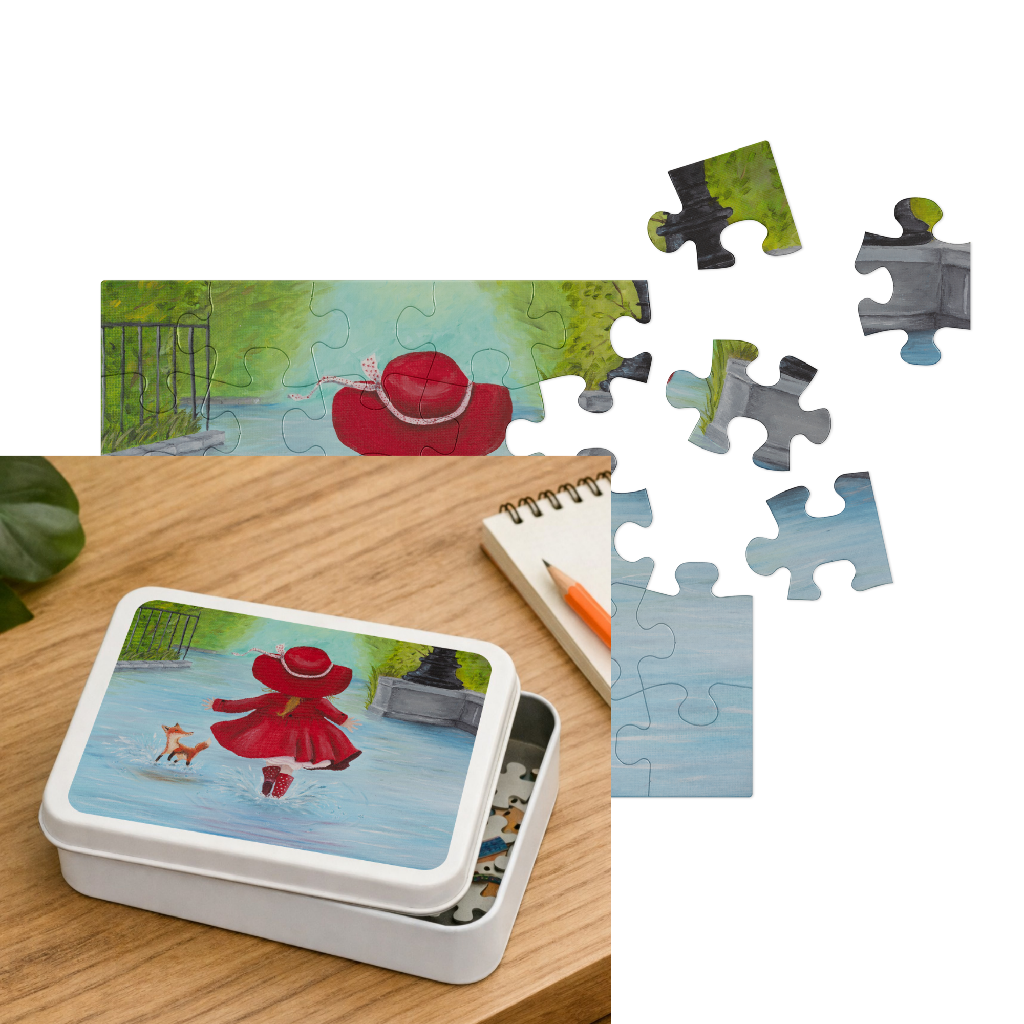 Ivy's Rainy Day Jigsaw puzzle with tin