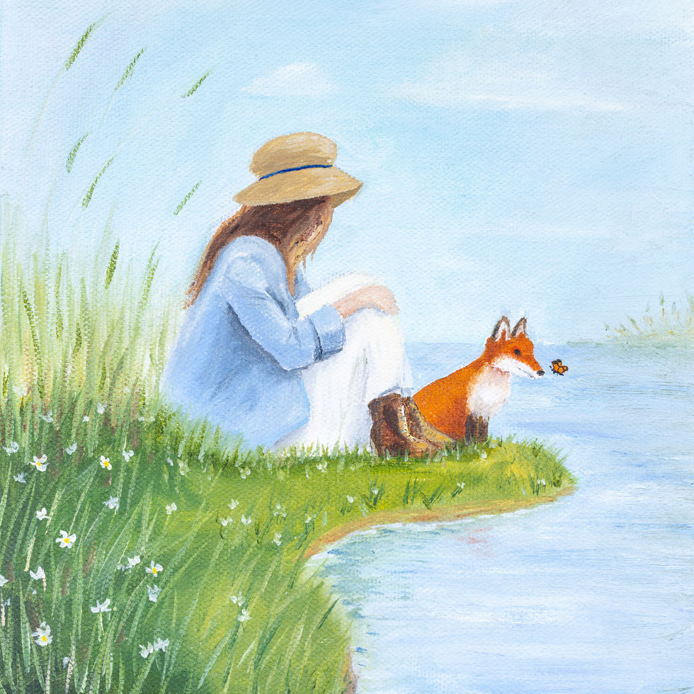 Oil painting of a woman and her small fox companion standing at the water’s edge in early spring, with blooming flowers and a butterfly nearby.