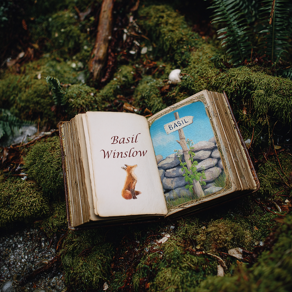 Illustrated open book introducing the Basil Winslow portfolio.