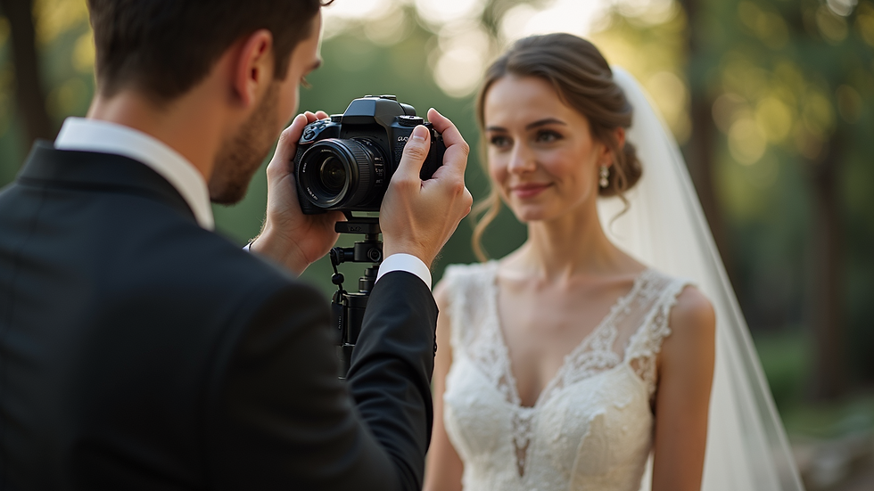 Eye-level view of a professional photographer adjusting camera settings at a wedding venue
