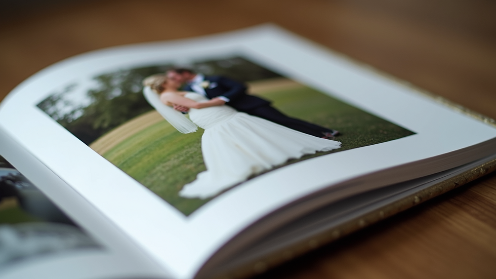 Close-up view of a wedding album with professionally printed photos