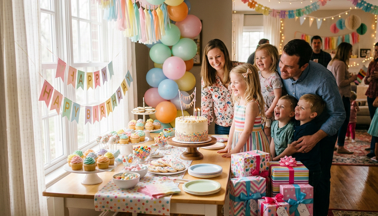 Wide-angle view of a colorful kids birthday party table with balloons and a small birthday cake