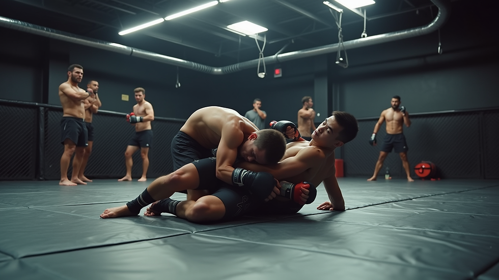 Wide angle view of MMA class practicing grappling techniques on mats