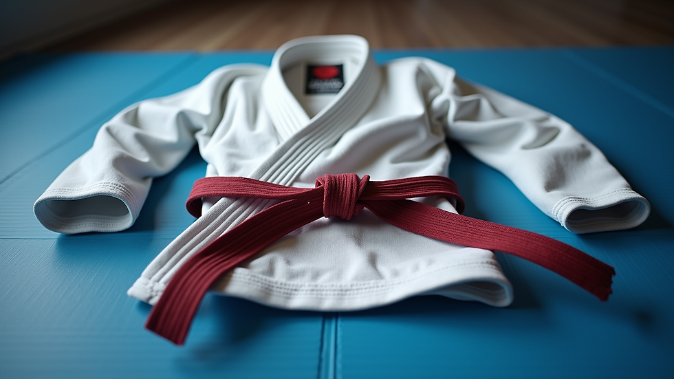 Close-up view of a Brazilian Jiu Jitsu gi and belt on a training mat