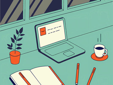 illustration of a writers desk, featuring a laptop, coffee mug, plant, notebook and pens