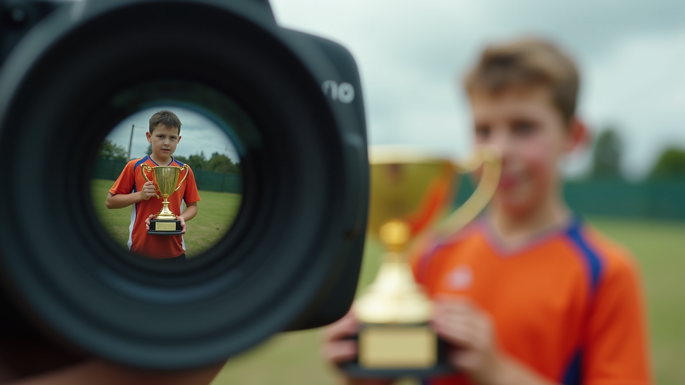 Close-up view of a camera lens focusing on a youth athlete holding a trophy