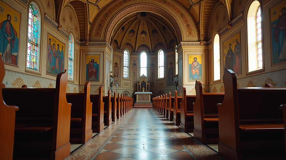 Eye-level view of an Orthodox church interior with intricate icons