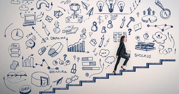 Illustration of a businesswoman climbing stairs toward success, surrounded by marketing strategy sketches, growth charts, ideas, customer journey concepts, and business planning elements, symbolizing career development, strategic marketing thinking, and professional growth.