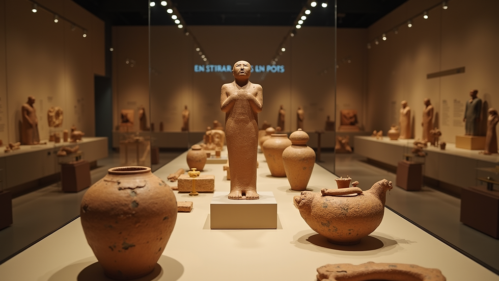 Eye-level view of a museum exhibit showcasing ancient artifacts