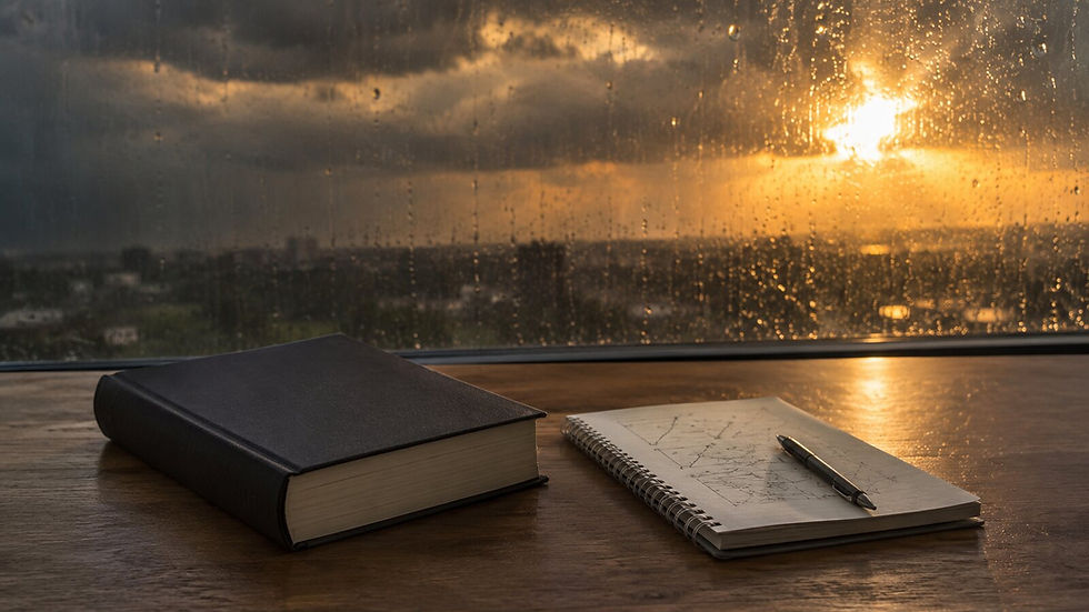Livro físico escuro sobre mesa diante de uma tempestade iluminada