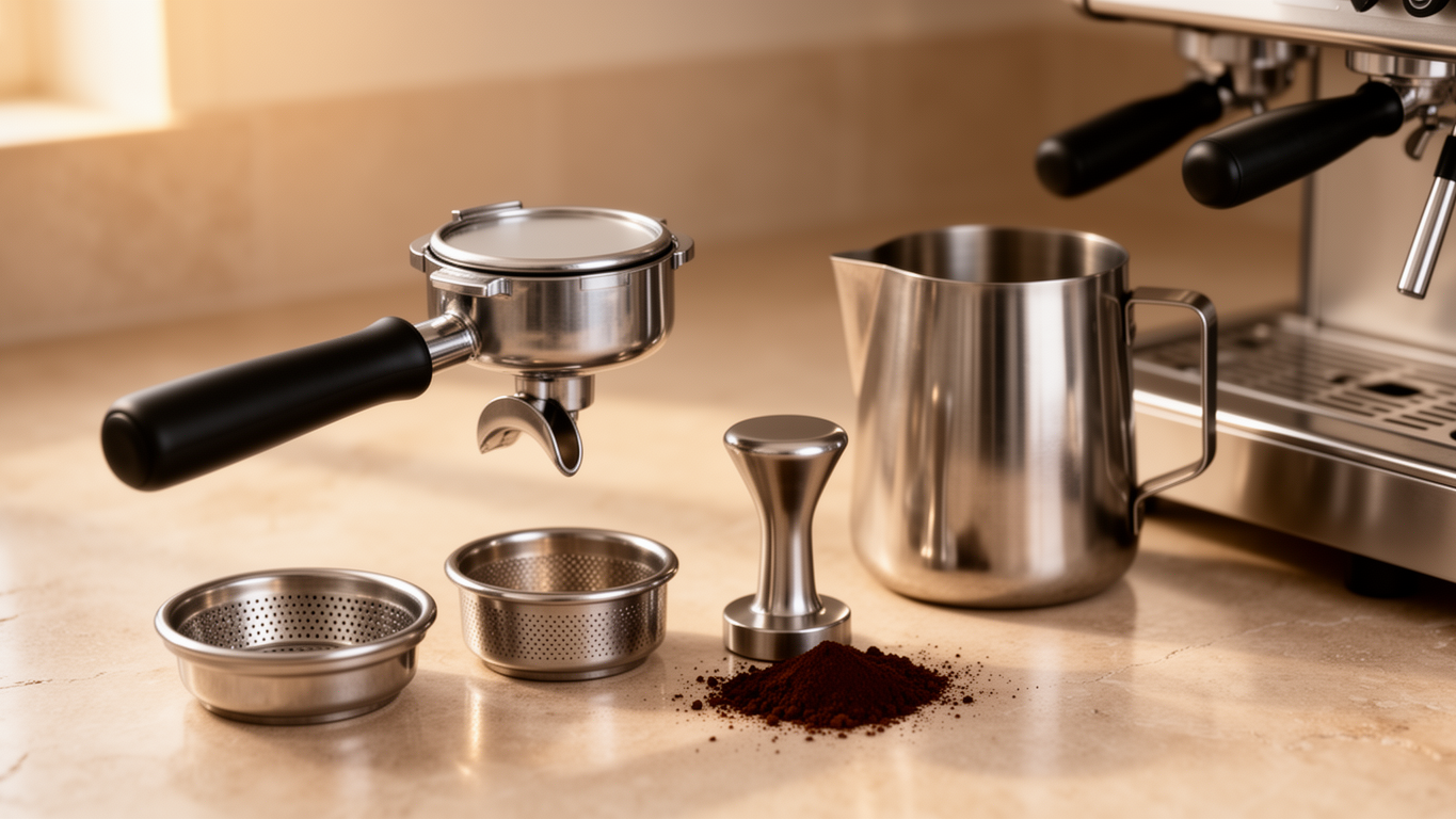 Cafeteira espresso manual compacta com porta-filtro e vaporizador em bancada