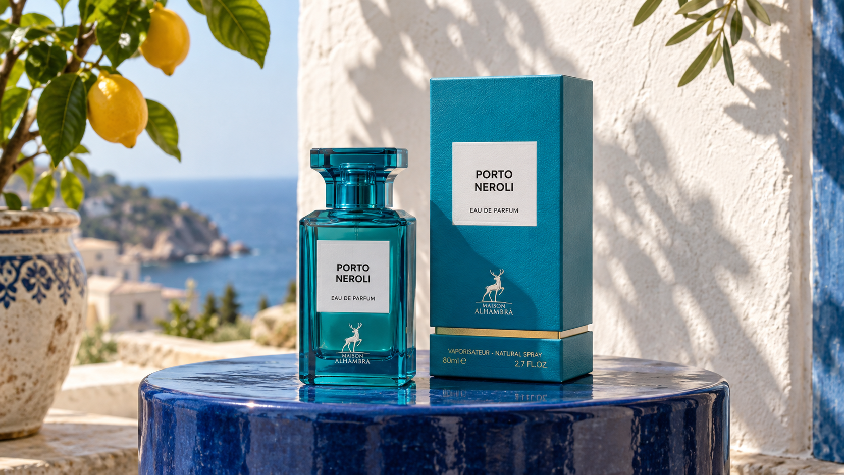 Porto Neroli Eau de Parfum 80 ml com caixa em composição azul mediterrânea