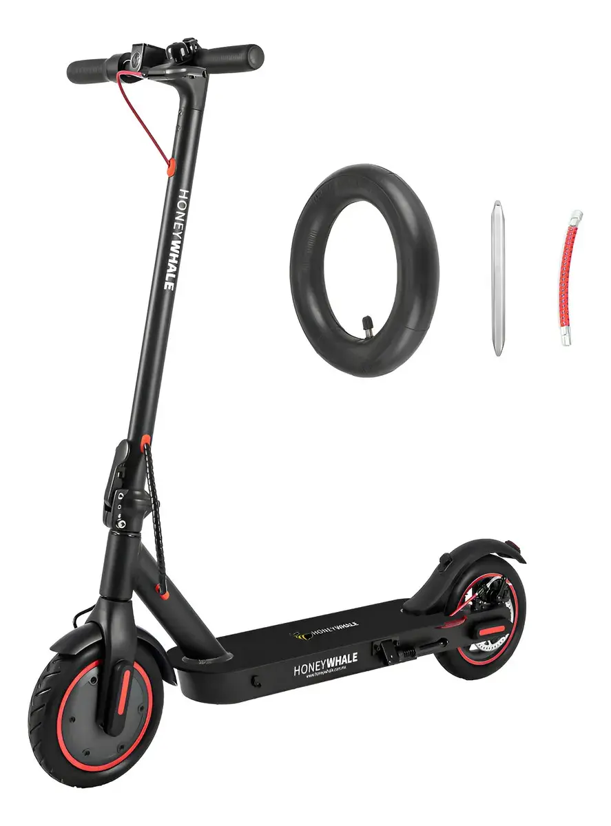 Patinete Elétrico Adulto HONEYWHALE M2 Pro com acessórios: pneu sobressalente, barra de metal e cabo vermelho. Fundo branco.