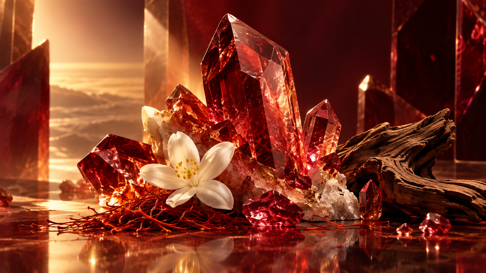 Cristais vermelhos, açafrão e jasmim em composição inspirada no Baccarat Rouge 540