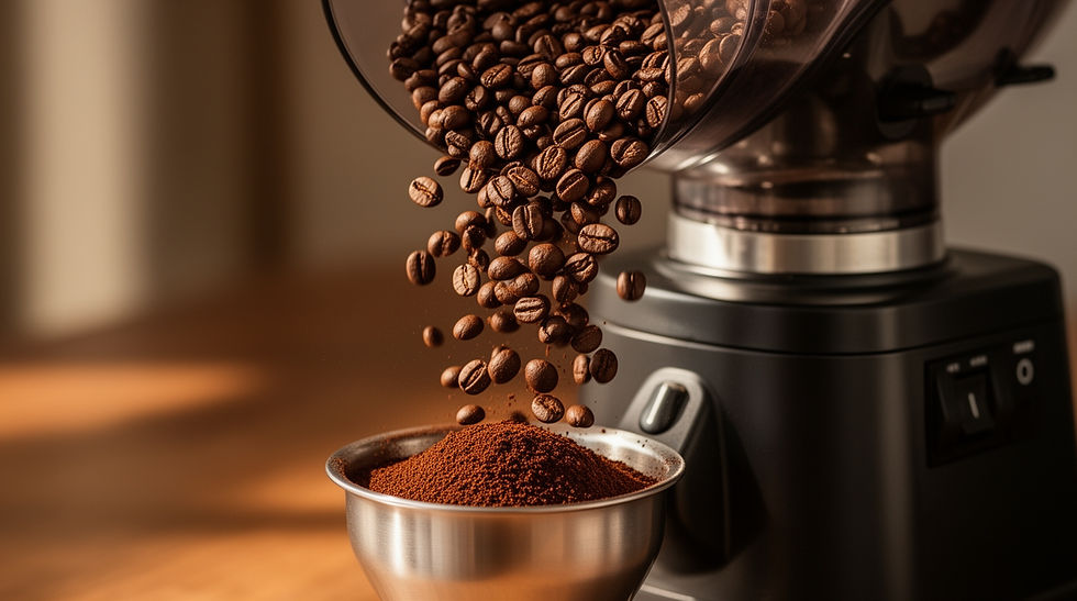 Grãos de café entrando em um moedor enquanto o café moído é coletado.