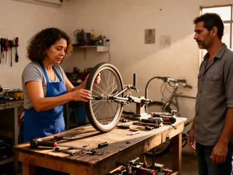 Cena ilustrativa de empreendedora trabalhando em uma oficina de bicicletas de bairro