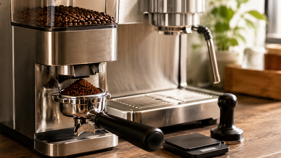 Cafeteira espresso com moedor integrado vaporizando leite em jarra de inox ao lado de cappuccino