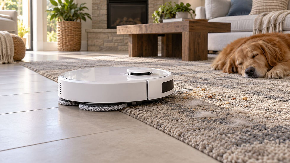 MOVA P20 Ultra robot vacuum moving from tile onto a rug near pet hair