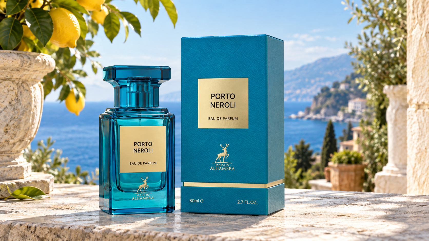 Maison Alhambra Porto Neroli Eau de Parfum 80 ml com caixa em cenário mediterrâneo
