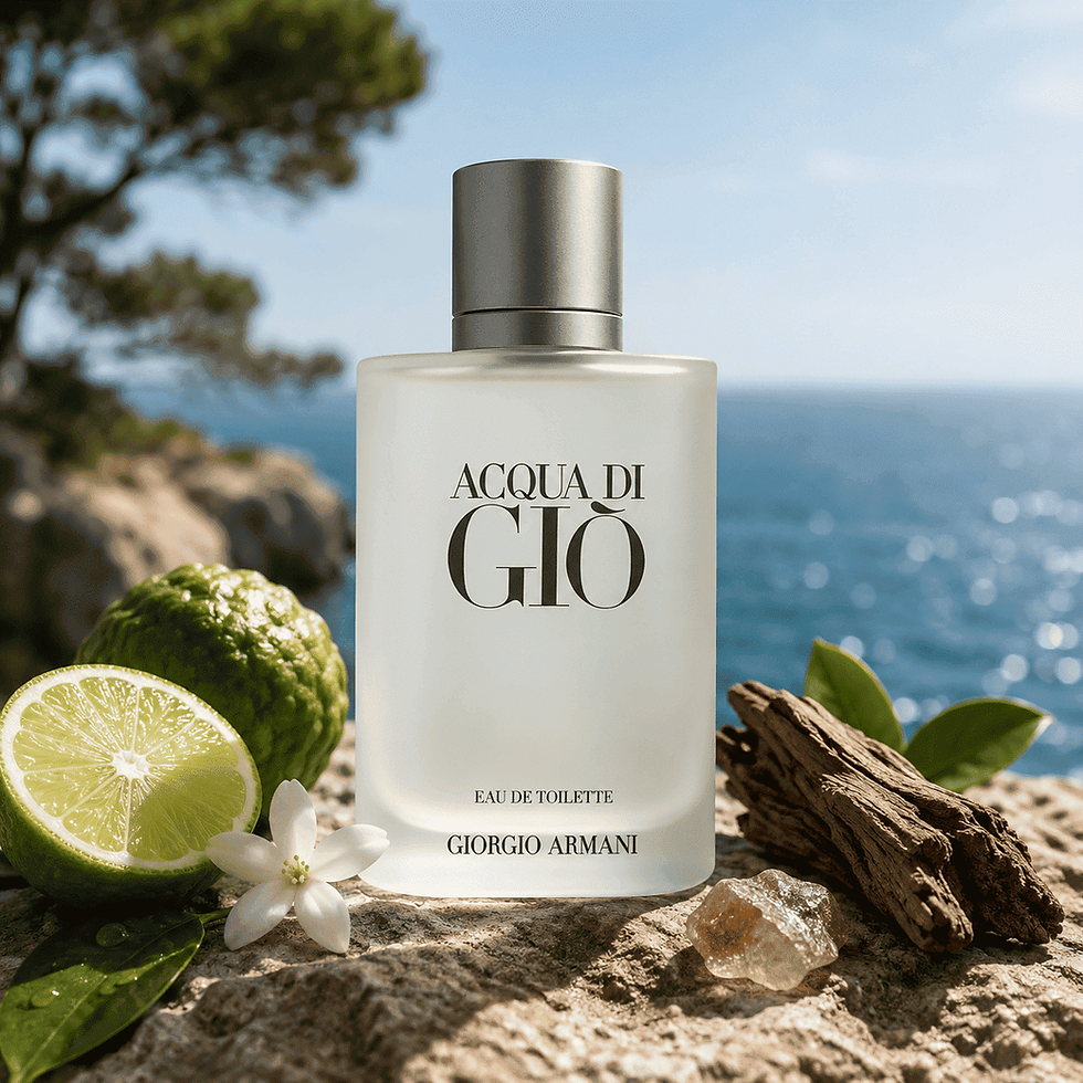 Frasco de perfume Acqua di Giò da Giorgio Armani sobre rocha à beira-mar, com limão, flor branca e madeira.