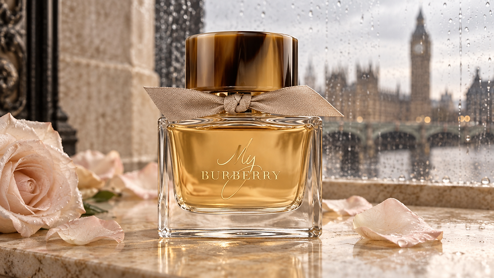 Frasco My Burberry Eau de Parfum 90 ml diante de janela com chuva