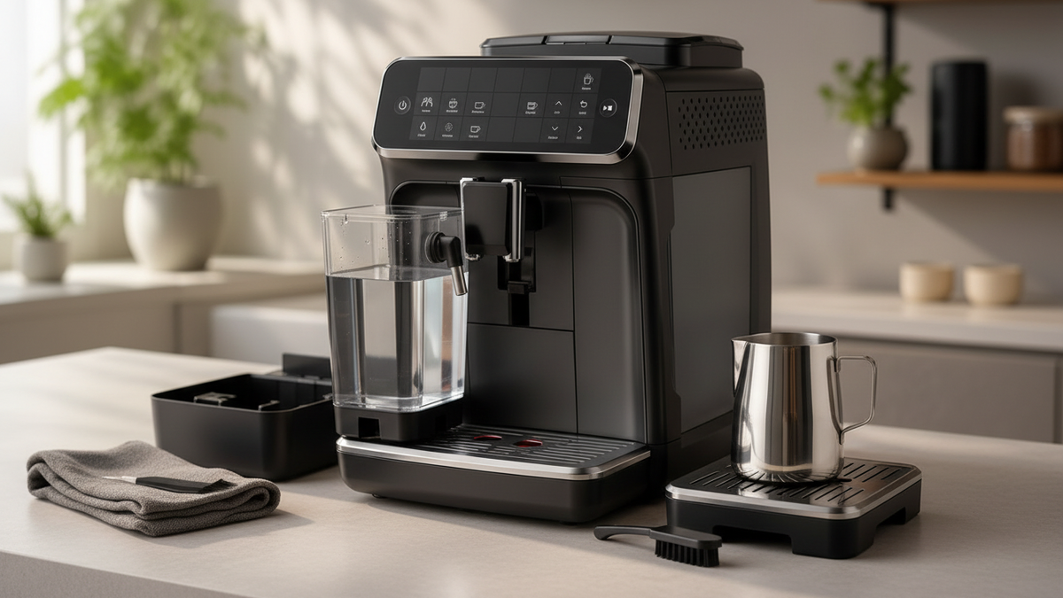 Cafeteira automática genérica com reservatório, bandeja e peças removíveis organizadas para limpeza