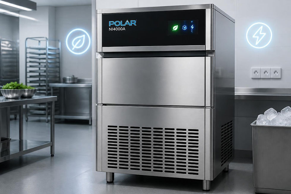 Máquina de gelo Polar NI4000A em cozinha industrial moderna. Fundo com símbolos de energia e folhas. Aço inox, cubos de gelo à direita.