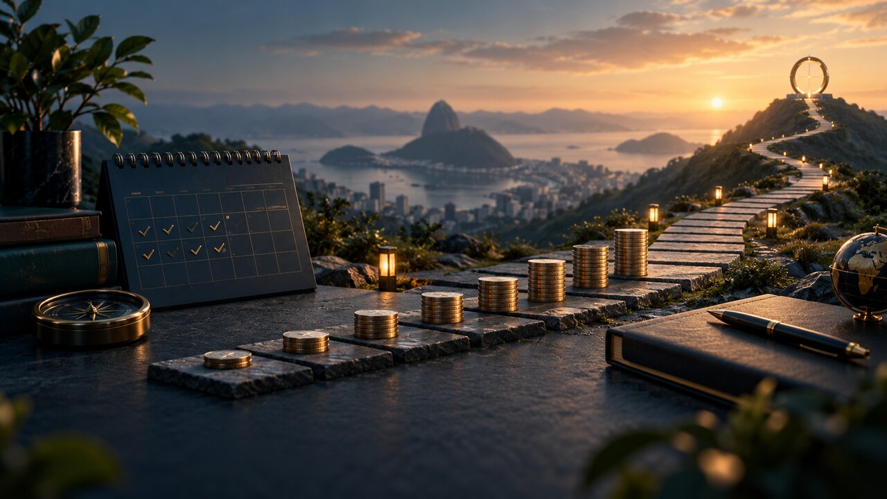 Escada de planejamento financeiro com calendário, moedas e meta de longo prazo