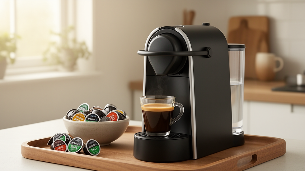 Cafeteira automática e cafeteira de cápsulas genéricas lado a lado em uma cozinha